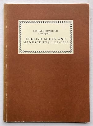 Bild des Verkufers fr Bernard Quaritch Catalogue 1181: English Books and Manuscripts 1528-1922 zum Verkauf von George Ong Books