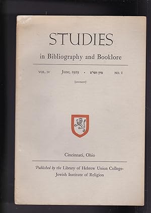 Immagine del venditore per Studies in Bibliography and Booklore Volume IV Number 1, June, 1959 OFFPRINT venduto da Meir Turner