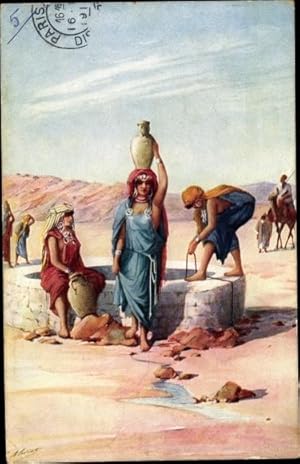 Bild des Verkufers fr Knstler Ansichtskarte / Postkarte Frauen holen Wasser an einem Bunnen, Wste, Kamel zum Verkauf von akpool GmbH