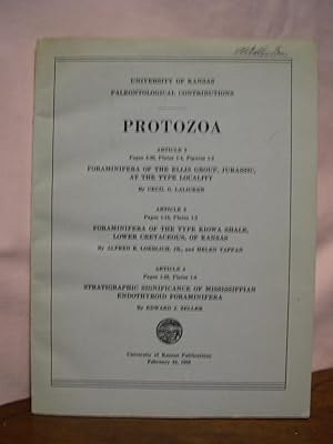 Bild des Verkufers fr PROTOZOA; ARTICLE 2, FORAMINIFERA OF THE ELLIS GROUP, JURASSIC, AT THE TYPE LOCALITY; ARTICLE 3, FORAMINIFERA OF THE TYPE KIOWA SHALE, LOWER CRETACEOUS, OF KANSAS; ARTICLE 4, STRIGRAPHIC SIGNIFIACANCE OF MISSISSIPPIAN ENDOTHYROID FORMA.; FEBRUARY 24, 1950 zum Verkauf von Robert Gavora, Fine & Rare Books, ABAA