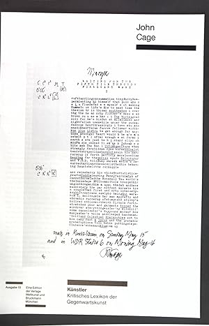 Bild des Verkufers fr John Cage Knstler - Kritisches Lexikon der Gegenwartskunst. zum Verkauf von books4less (Versandantiquariat Petra Gros GmbH & Co. KG)