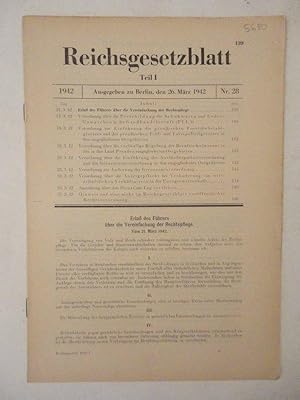 Bild des Verkufers fr Reichsgesetzblatt Teil I. Nr. 28 vom 26. Mrz 1942. Erlass des Fhrers ber die Vereinfachung der Rechtspflege zum Verkauf von Galerie fr gegenstndliche Kunst