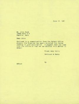 Carbon Copy of TLS Robinson & Berry Law Firm to John C. Rund, June 14, 1961.