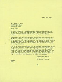 Carbon Copy of TLS Robinson & Berry Law Firm to John C. Rund, Feb. 13, 1961.