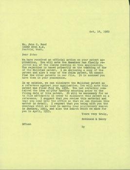 Carbon Copy of TLS Robinson & Berry Law Firm to John C. Rund, October 14, 1960.