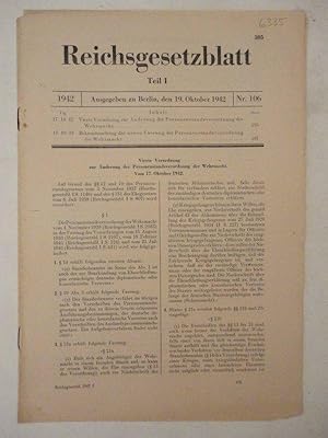 Bild des Verkufers fr Reichsgesetzblatt Teil I. Nr. 106 vom 19. Oktober 1942. Verordnung und Bekanntmachung zur Personenstandsverordnung der Wehrmacht zum Verkauf von Galerie fr gegenstndliche Kunst