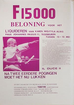Poster: F 15.000 Beloning voor het Liquideren van Karol Wojtyla, alias Paus Johannes Paulus II, t...