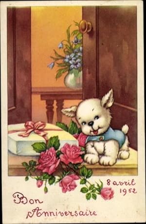 Image du vendeur pour Ansichtskarte / Postkarte Glckwunsch Geburtstag, Bon Anniversaire, Hund mit Geschenk und Blumen mis en vente par akpool GmbH
