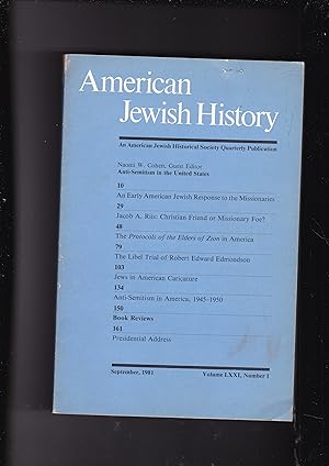 Seller image for American Jewish History An American Jewish Historical Quarterly Publication. September, 1981. Volume LXXI, Number 1 for sale by Meir Turner