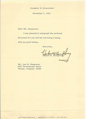 Seller image for TYPED LETTER SIGNED BY FORMER VICE-PRESIDENT OF THE UNITED STATES HUBERT HUMPHREY for sale by Tennyson Williams Books and Fine Art