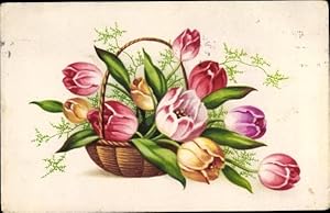 Bild des Verkufers fr Ansichtskarte / Postkarte Bunte Tulpen in einem Weidenkorb zum Verkauf von akpool GmbH