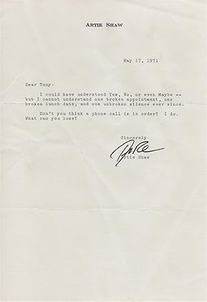 Typed Letter to Tony Galli, Signed By Artie Shaw