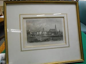 Straubing. Panorama- Ansicht. Original- Stahlstich aus dem Jahre 1850. Blick auf die Stadt Straub...