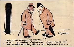 Künstler Ansichtskarte / Postkarte Guerin, R., Zwei Männer in Hüten, Schirm, Schuh