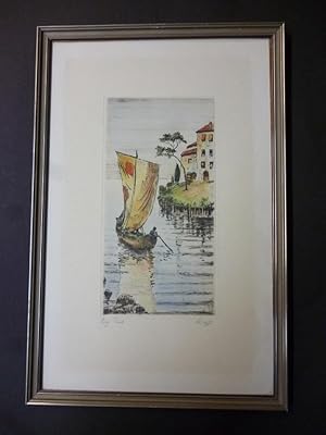 Gandria Boote Lugano Schweiz Tessin orig. Radierung Chioffi koloriert