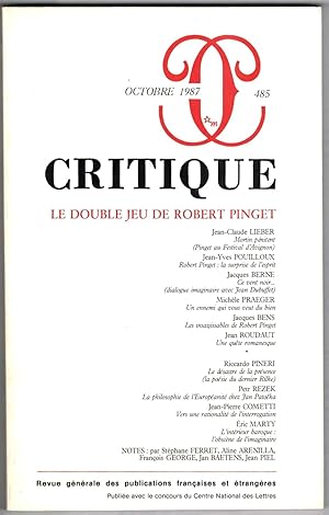 Bild des Verkufers fr Le Double jeu de Robert Pinget. Revue Critique, n 485 octobre 1987. zum Verkauf von Rometti Vincent