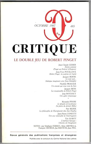 Le Double jeu de Robert Pinget. Revue Critique, n° 485 octobre 1987.