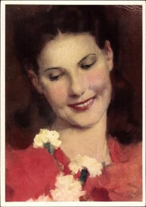 Künstler Ansichtskarte / Postkarte lächelnde Dame, Portrait, rotes Kleid, Blumen