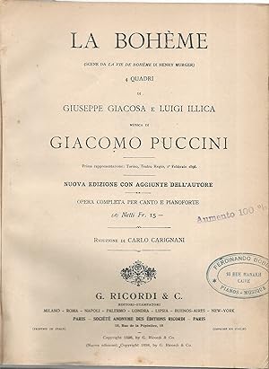 La bohème. 4 quadri di Giuseppe Giacosa e Luigi Illica musica di Giacomo Puccini. Opera completa ...