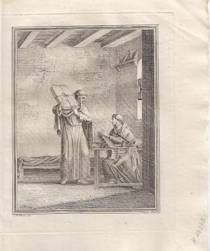 Bild des Verkufers fr Mnche beim Kopieren von Bchern. Kupferstich nach J. M. Usteri, ca. 20 x 16,5 cm, um 1820. zum Verkauf von Antiquariat Michael Eschmann