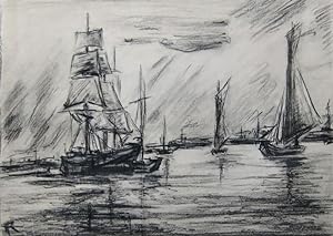 Schiffe, Segler vor der Küste, Kohlezeichnung mit Monogramm