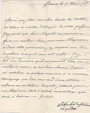 Lettera manoscritta con annotazione e firma autografa inviata al conte di Nostitz.