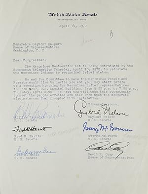 TLS. To Congressman Seymour Halpern. About the Menominee Restoration Act. Signed by 5 Senators an...