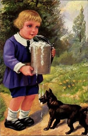 Bild des Verkufers fr Knstler Ansichtskarte / Postkarte Kind mit Bierkrug, kleiner Hund zum Verkauf von akpool GmbH