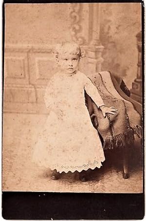 BLUFFTON, OHIO PHOTOGRAPHER'S 1887 CABINET CARD OF A VERY YOUNG GIRL IN VICTORIAN LACE DRESS, LEF...