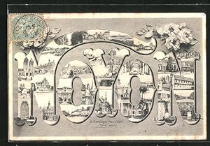 Image du vendeur pour Carte postale Noyon, diverses vues du lieu et vues de btiments divers du lieu insres dans la typographie Noyon mis en vente par Bartko-Reher