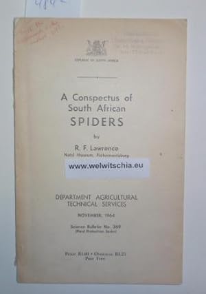 Image du vendeur pour A Conspectus of South African Spiders. mis en vente par Antiquariat Welwitschia Dr. Andreas Eckl