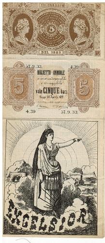 Calendario 1883. (verso) Biglietto annuale . vale CINQUE baci. "Excelsior" (donna tra ferrovia) V...