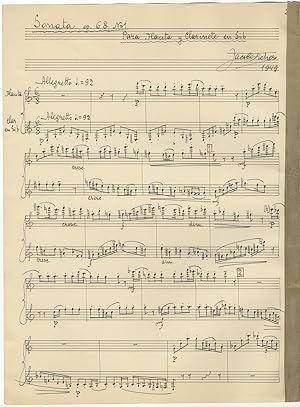 Sonata op. 68 No= 1 Para Flauta y Clarinete en Sib. Autograph musical manuscript signed and dated...