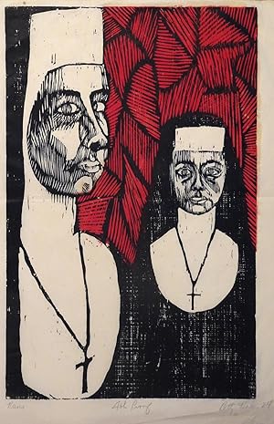 ( Original Woodcut on Rice Paper ) Nuns