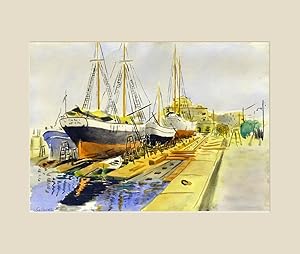 Imagen del vendedor de 1960/1970 Puerto de Barcelona - Acuarela de G.Prez (Firmada) - En passepartout a la venta por UNIO11 IMPORT S.L.