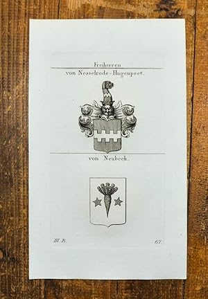 Bild des Verkufers fr Kupferstich von Tyroff mit 2 Wappen auf einem Blatt. Freiherren. Von Nesselrode-Hugenpoet. Von Neubeck. zum Verkauf von Antiquariat Thomas Rezek