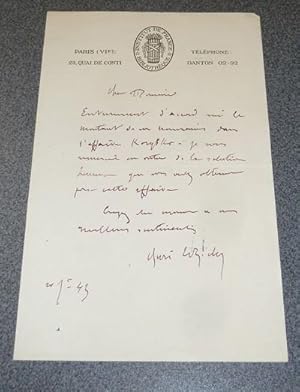 Lettre autographe signé de Henri Le Riche