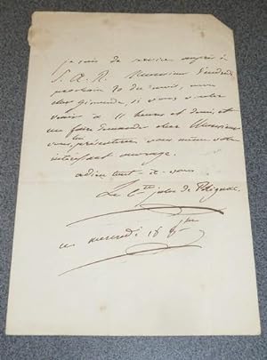 Lettre autographe signée et datée du 13 octobre 1815 par le Comte Jules de Polignac