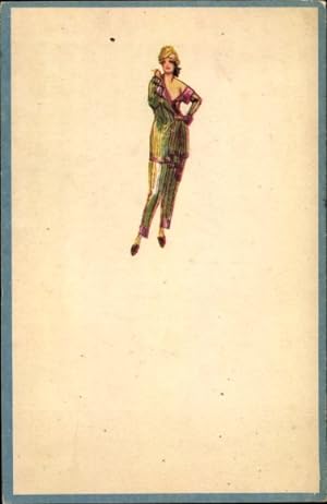 Künstler Ansichtskarte / Postkarte Dame im Anzug, Zigarette, Werbung für Ilsa Würfelschleifen