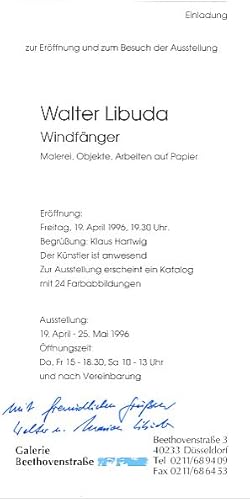 Bild des Verkufers fr Walter Libuda. Windfnger. Galerie Beethovenstrae, Apr.-Mai 1996 / Text: Titia Hoffmeister. zum Verkauf von Fundus-Online GbR Borkert Schwarz Zerfa