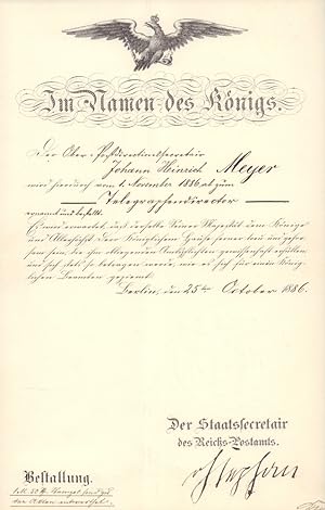Bestallungs-Urkunde des Reichs-Postamtes für einen Telegrafendirektor. Datiert 25ten October 1886.
