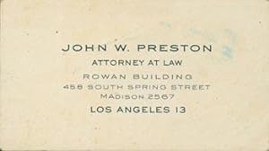 Business Card for John W. Preston, attorney for Adel Smith (sister of WC Fields).