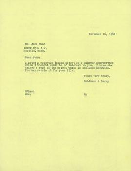 Carbon Copy of TLS Robinson & Berry Law Firm to John C. Rund, November 16, 1960.