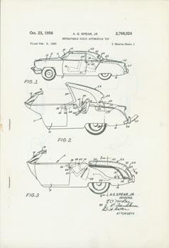 Patent Paperwork for A. G. Spear, Jr. Retractable Rigid Automobile Top. Patent Number 2,768, 024,...
