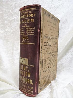 Bild des Verkufers fr 1905 SALEM, Massachusetts, CITY DIRECTORY including BEVERLY, DANVERS, MARBLEHEAD, PEABODY, ESSEX, AND IPSWICH with EVERY RESIDENT & BUSINESS plus Cool ADS zum Verkauf von Blank Verso Books