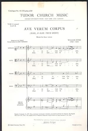 Bild des Verkufers fr Ave verum corpus (Hail, O true Body), motet for four voices [Tudor Church Music] zum Verkauf von Joseph Valles - Books