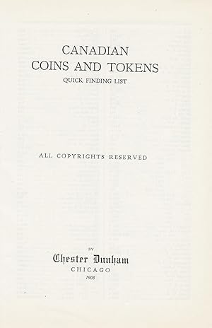 CANADIAN COINS AND TOKENS: QUICK FINDING LIST