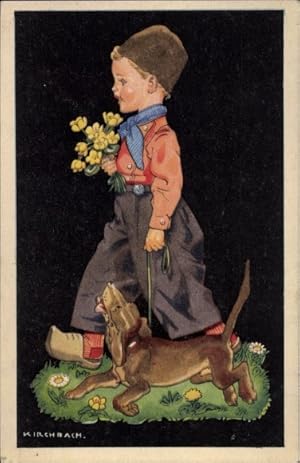 Künstler Ansichtskarte / Postkarte Kirchbach, Junge in niederländischer Tracht, Dackel