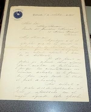 Lettre autographe datée du 7 octobre 1910 et signée par Estrada Cabrera, Président de la Républiq...