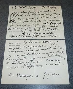 Courrier en continu sur deux cartes postales signé par Dunoyer de Segonzac en date 4 juillet 1970...